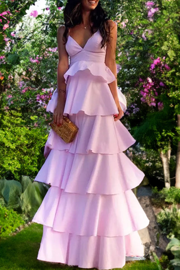 Simple Princess Prom Look Pink V-neck Backless A-line Fluffy Sweet Princess Prom Dress | Starlish