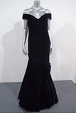 Princess Dark Navy Velvet Off-the-shoulder Prom Dress