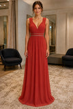Backless Beaded-Waist V-Neck Chiffon Prom Bridesmaid Dress - front
