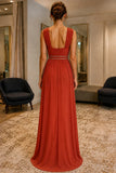 Backless Beaded-Waist V-Neck Chiffon Prom Bridesmaid Dress - back