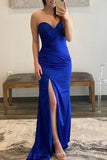 Royal Blue Strapless Sweetheart High Slit Prom Dress