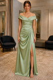 Sage Draped Off-Shoulder Thigh-high Slit Satin Prom Dress - front