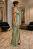 Sage Draped Off-Shoulder Thigh-high Slit Satin Prom Dress - side