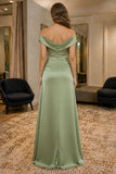 Sage Draped Off-Shoulder Thigh-high Slit Satin Prom Dress - back