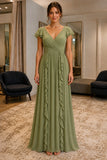 Olive Green Flutter-Sleeve Ruffle Chiffon Prom Formal Dress - front