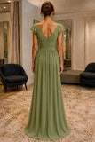Olive Green Flutter-Sleeve Ruffle Chiffon Prom Formal Dress - back