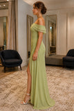 Sage Off-Shoulder Ruffle Thigh-high Slit Prom Dress - side