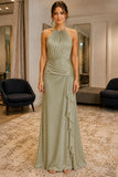 Sage Ruched Ruffle Spaghetti Straps Prom Bridesmaid Dress - front