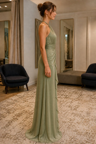 Sage Ruched Ruffle Spaghetti Straps Prom Bridesmaid Dress - side