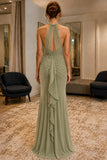 Sage Ruched Ruffle Spaghetti Straps Prom Bridesmaid Dress - back