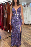 Purple Sparkly Sequined Sexy Backless Prom Dress