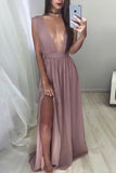 Sexy Chiffon Plunging Neck Thigh-high Slit Prom Dress