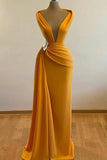 Sexy Mustard Plunging V-neck Sleeveless Evening Dress