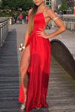 Red High Slit Spaghetti Straps Evening Dress Formal Gown