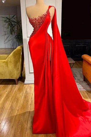 Red One-shoulder Sparkly High Slit Evening Formal Dress