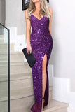 Sparkly Sequined Spaghetti Straps Thigh-high Slit Prom Dress