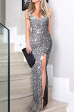 Sparkly Sequined Spaghetti Straps Thigh-high Slit Prom Dress