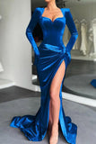 Sexy Royal Blue Velvet High Slit Ruffled Formal Dress