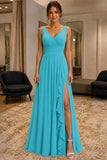 Ocean Blue High Slit Chiffon Prom Bridesmaid Dress - front