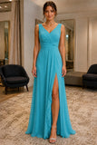 Lake Blue Pleated V-Neck High Slit Prom Formal Dress - front