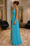 Lake Blue Pleated V-Neck High Slit Prom Formal Dress - side