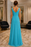 Lake Blue Pleated V-Neck High Slit Prom Formal Dress - back