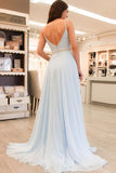 Sky Blue V-neck Sparkly Chiffon Evening Dress