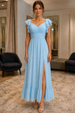 Sky Blue Ruffle Ankle-Length Chiffon Prom Dress - front