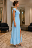 Sky Blue Ruffle Ankle-Length Chiffon Prom Dress - side