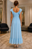 Sky Blue Ruffle Ankle-Length Chiffon Prom Dress - back