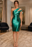 Emerald One-Shoulder Ruched Knee-Length Cocktail Dress - front
