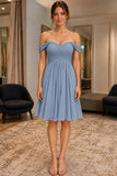 Dusty Blue Off-the-Shoulder Pleated Homecoming Bridesmaid Dress - front