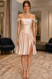 Champagne Off-the-Shoulder Pleated High Slit Party Dress - front