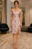 Floral Off-the-Shoulder Jacquard High Slit Short Dress - front