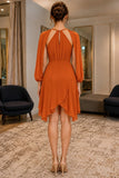 Burnt Orange High Low Long Sleeves Ruffled Evening Cocktail Dress - back
