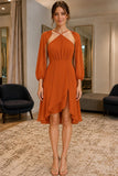 Burnt Orange High Low Long Sleeves Ruffled Evening Cocktail Dress - front