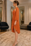 Burnt Orange High Low Long Sleeves Ruffled Evening Cocktail Dress - side
