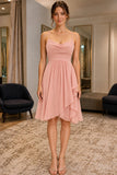 Blush Pink Classic Neckline Ruffled Spaghetti Strap Short Dress - front