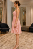 Blush Pink Classic Neckline Ruffled Spaghetti Strap Short Dress - side