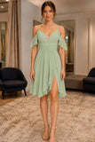 Sage Off-the-shoulder Ruffled Knee-Length Chiffon Dress - front
