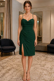Dark Green Cowl Neck Ruffled Chiffon Short Dress - front