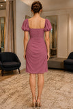 Dusty Rose Puffy Sleeves Ruffled Chiffon Short Dress - back