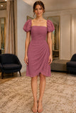 Dusty Rose Puffy Sleeves Ruffled Chiffon Short Dress - front