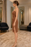 Brown Strapless Ruffled High Slit Cocktail Dress - side