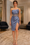 Dusty Blue Strapless Beading High Slit Short Dress - front