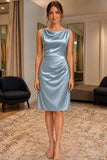 Light Blue Cowl Neck Knee-Length Stretch Rufffled Dress - front