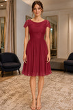 Burgundy Scoop Neck Lace A-line Short Prom Bridesmaid Dress - front