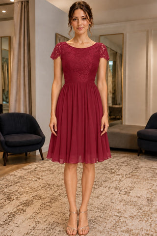 Burgundy Scoop Neck Lace A-line Short Prom Bridesmaid Dress - front