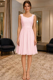 Pearl Pink Lace Applique A-line Chiffon Short Bridesmaid Dress - front