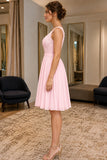 Pearl Pink Lace Applique A-line Chiffon Short Bridesmaid Dress - side